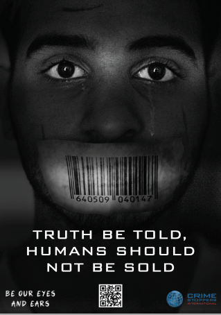 black & white poster of person with barcode over their mouth